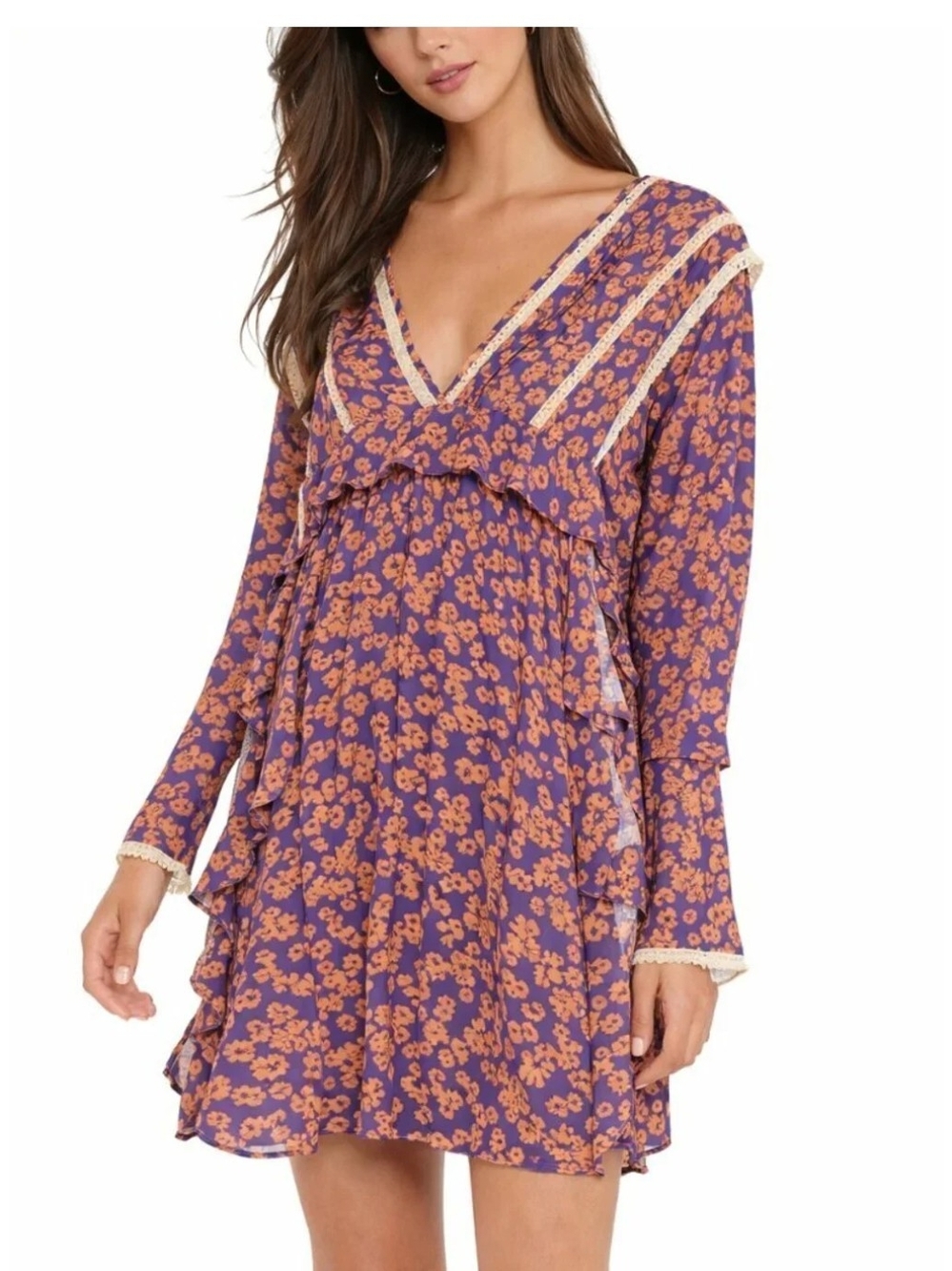 Free People Purple Floral V-Neck Ruffle Dress